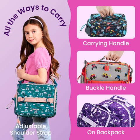 Bentgo lunch bag in use at school showing practical portability for busy kids