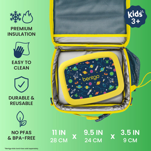 Child carrying Bentgo clipped to backpack for hands-free travel convenience
