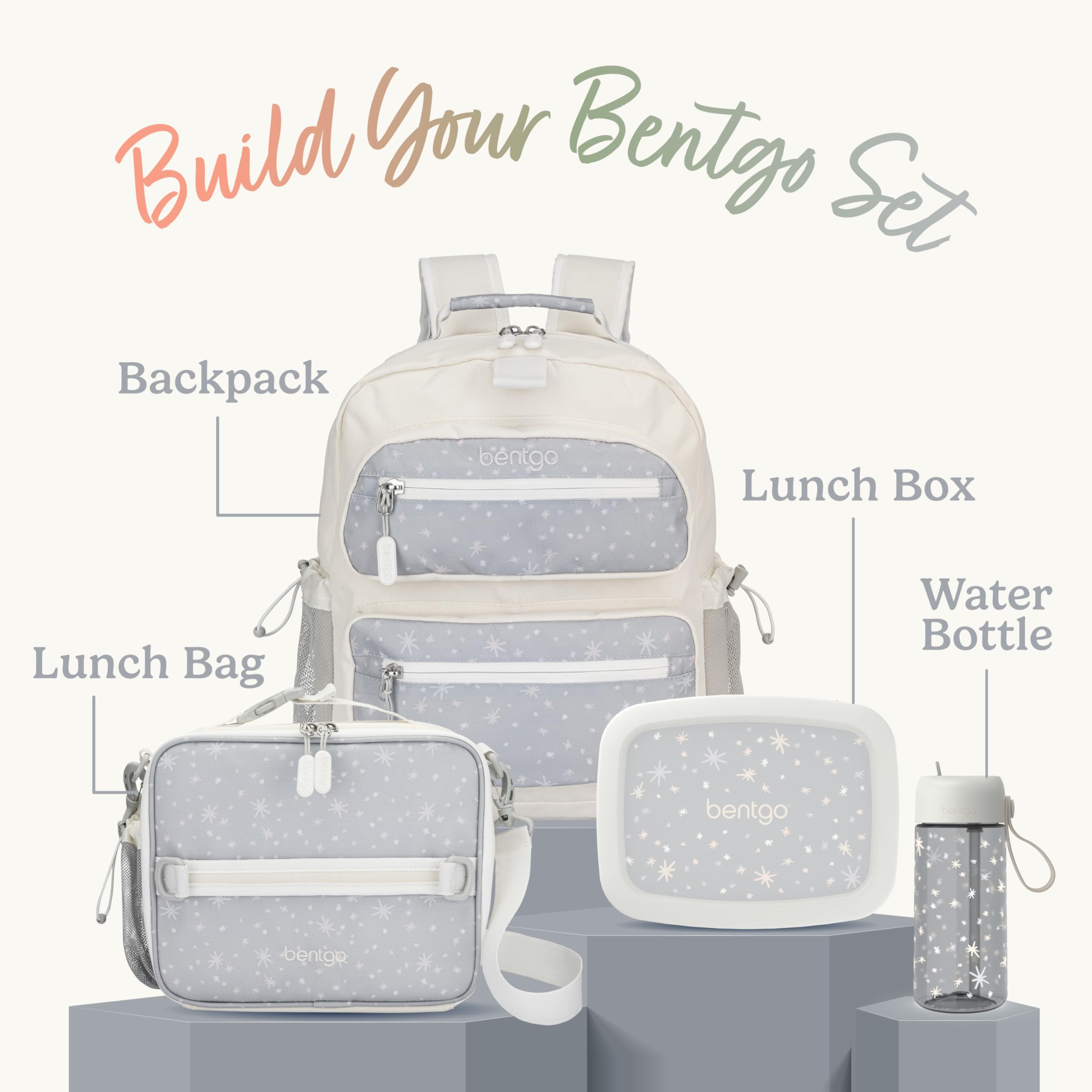 Bentgo lunch bag clipped to a child’s backpack in a school hallway for convenience