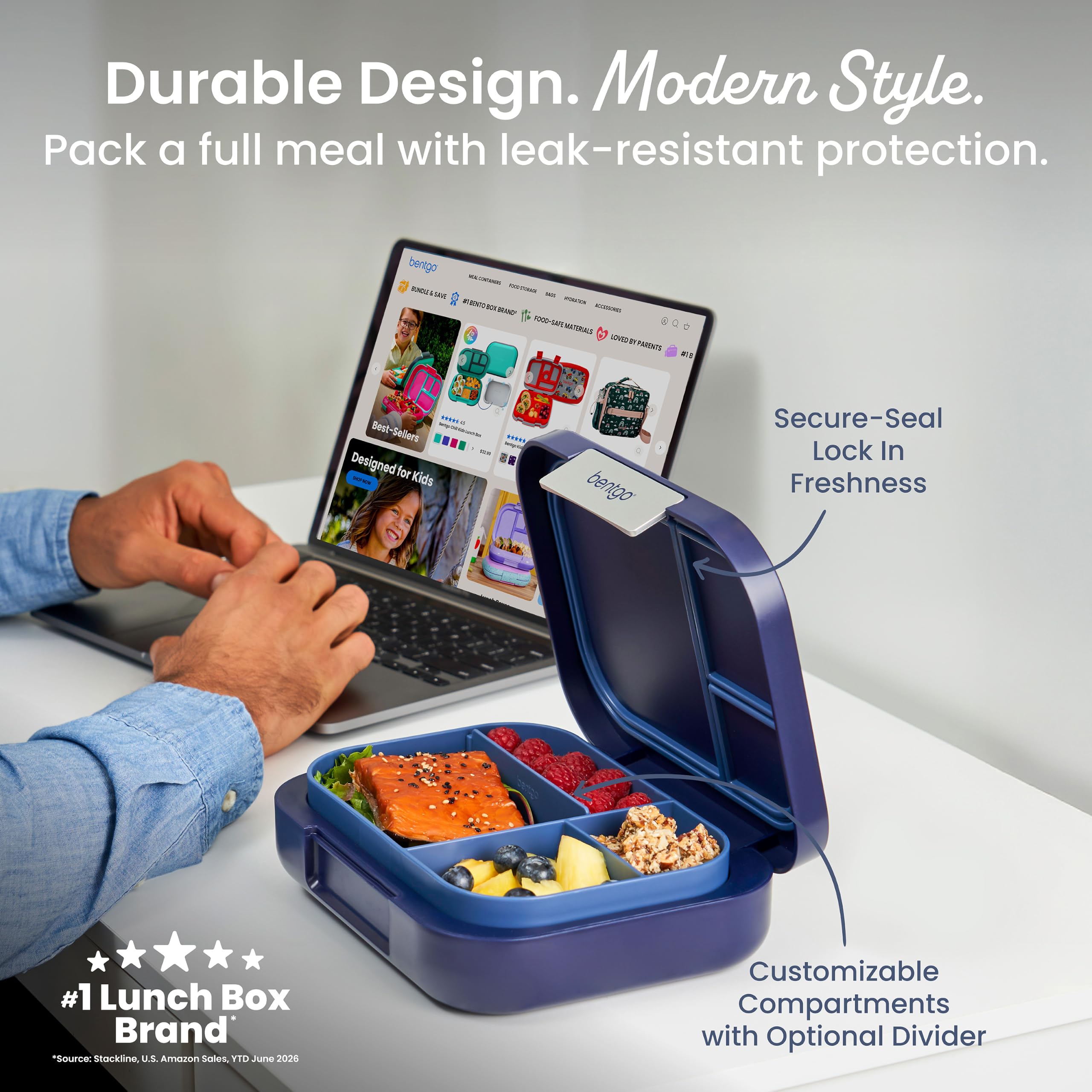 Bentgo modern open top view with removable tray showcasing flexible meal layout