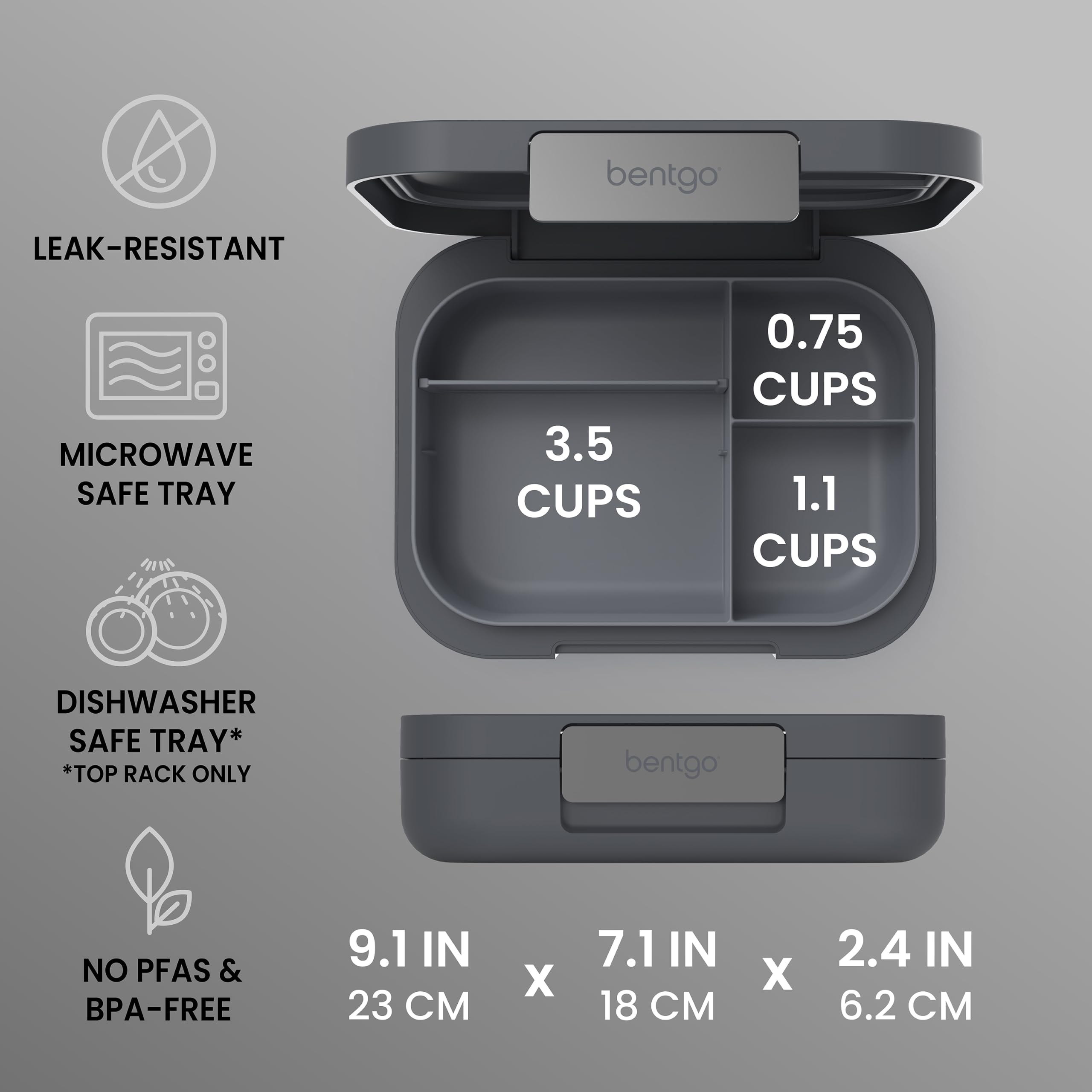 Bentgo opened with arranged meal showing separate compartments benefit: keeps foods separated