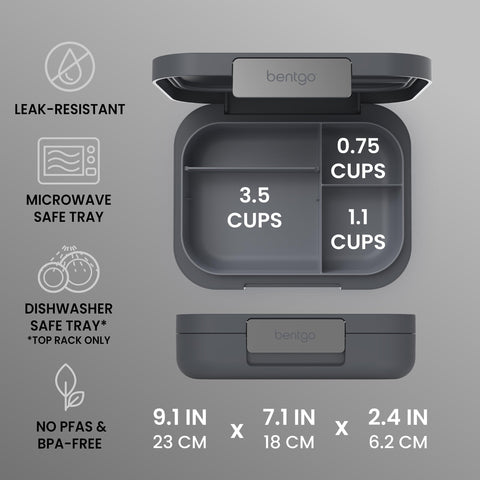 Bentgo opened with arranged meal showing separate compartments benefit: keeps foods separated
