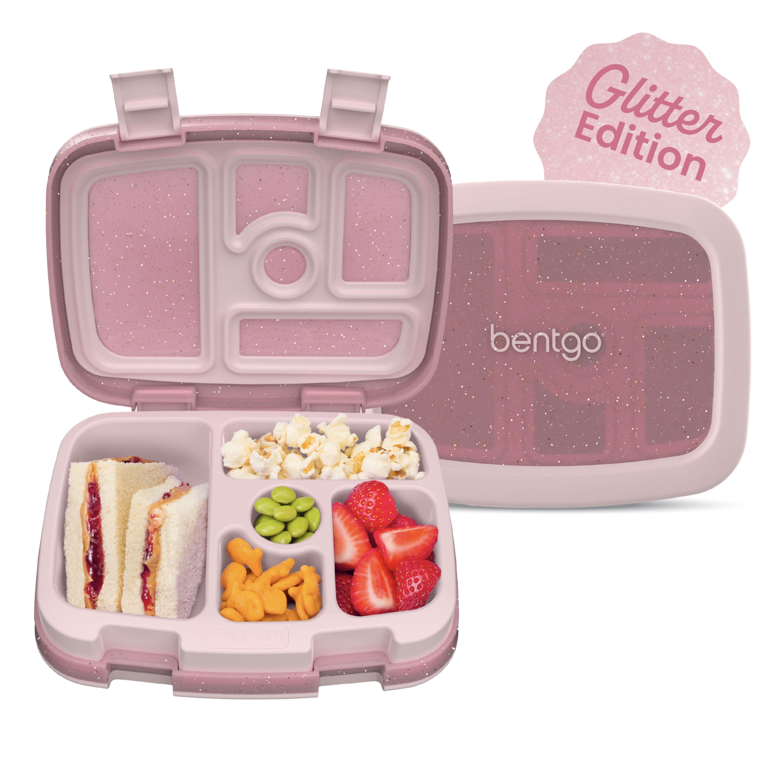 Bentgo front view showing petal pink glitter and compact lunch benefit