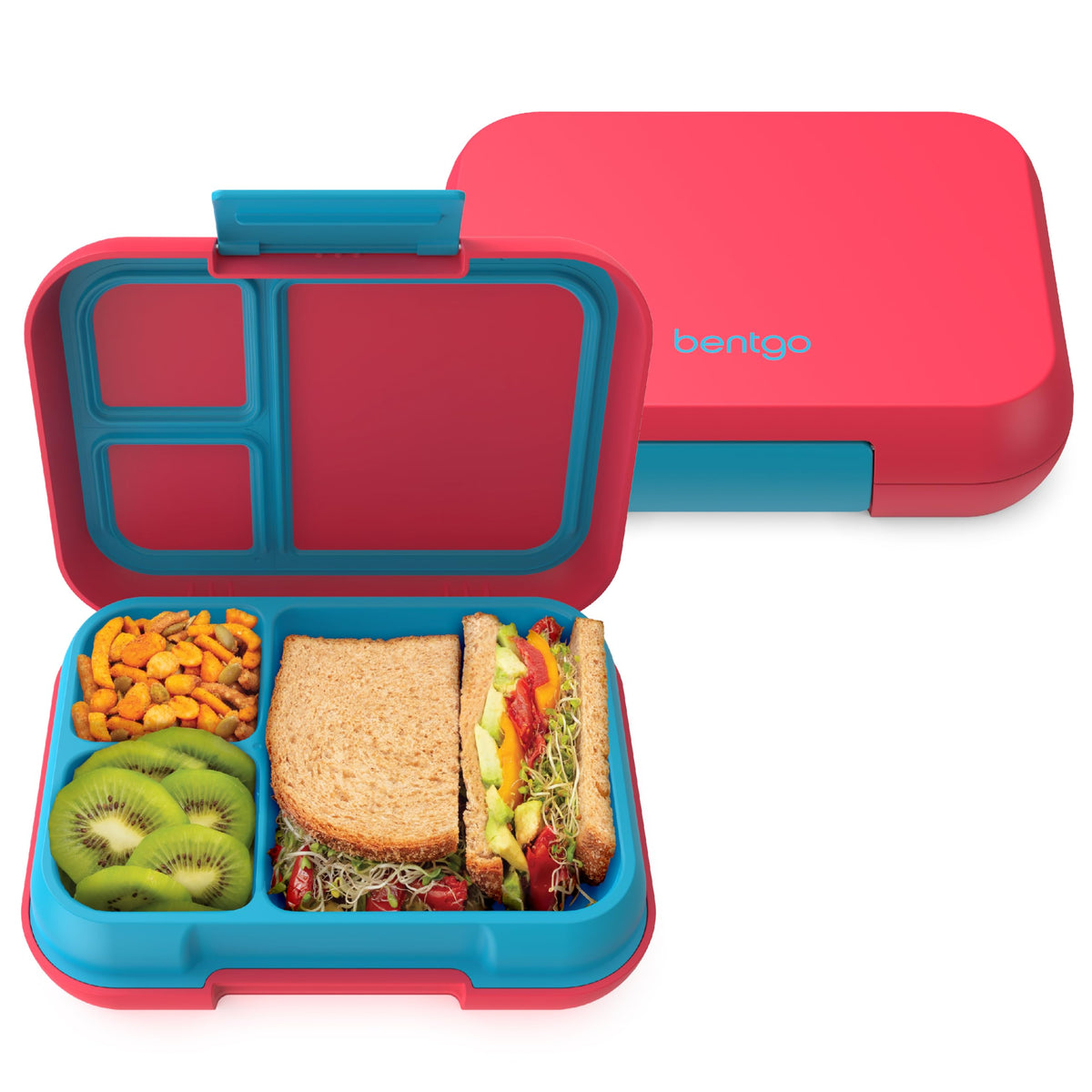Bentgo Pop front view showing colorful lid and compact design, easy transport by Bentgo