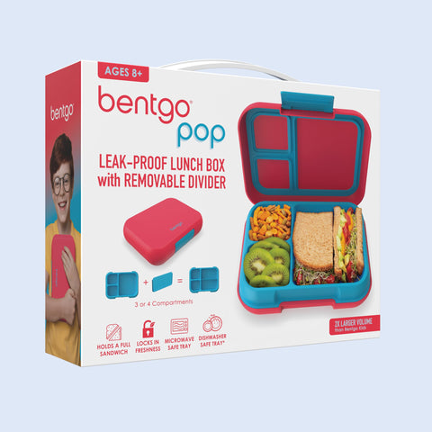 Bentgo Pop on a school table in a lunchtime scene showing reliable mess-free use by Bentgo