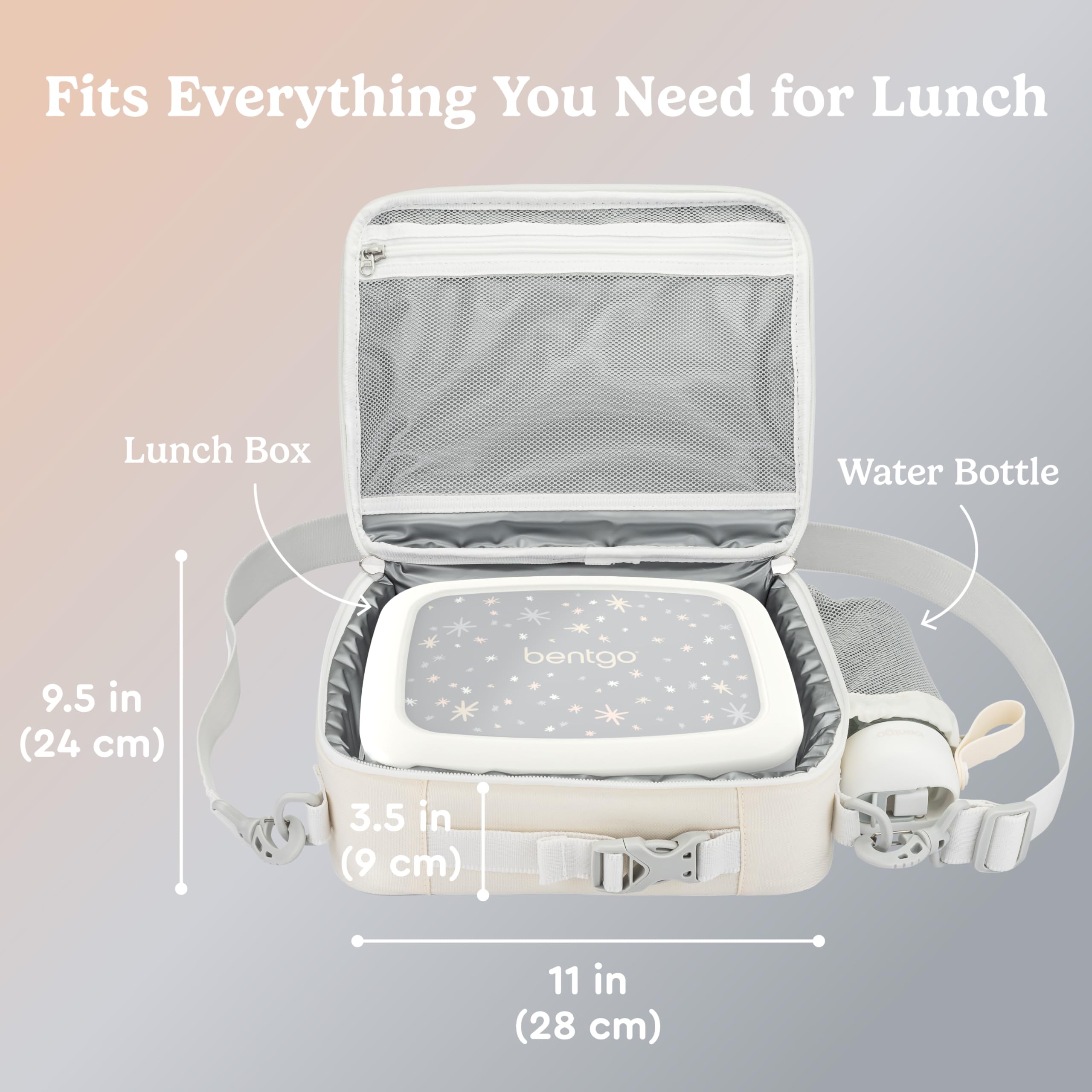 Bentgo lunch bag next to Bentgo lunchbox showing size and packing capacity