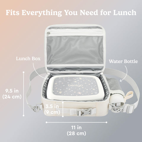 Bentgo lunch bag next to Bentgo lunchbox showing size and packing capacity