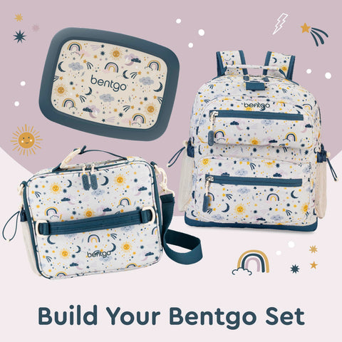 Bentgo next to a child’s backpack to show size and capacity for a lunchbox