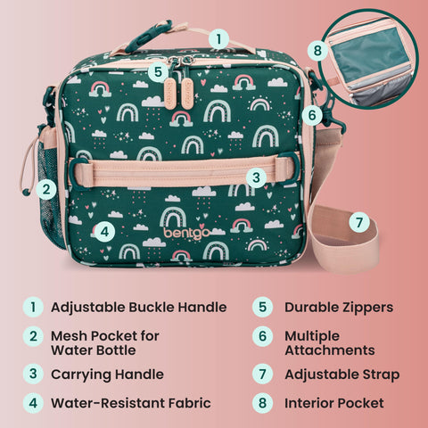 Bentgo adjustable strap and buckle clipped to backpack for hands-free carry