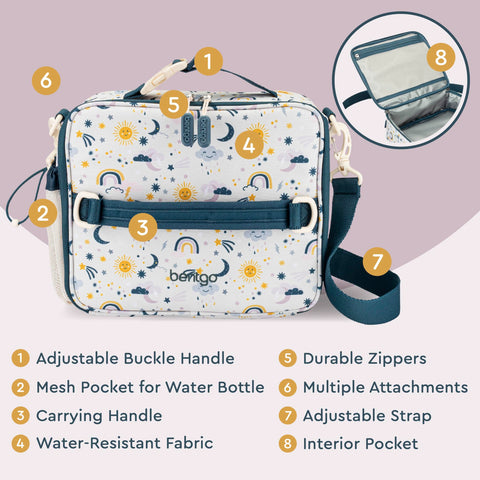 Bentgo adjustable strap and buckle clipped to backpack for hands-free carrying