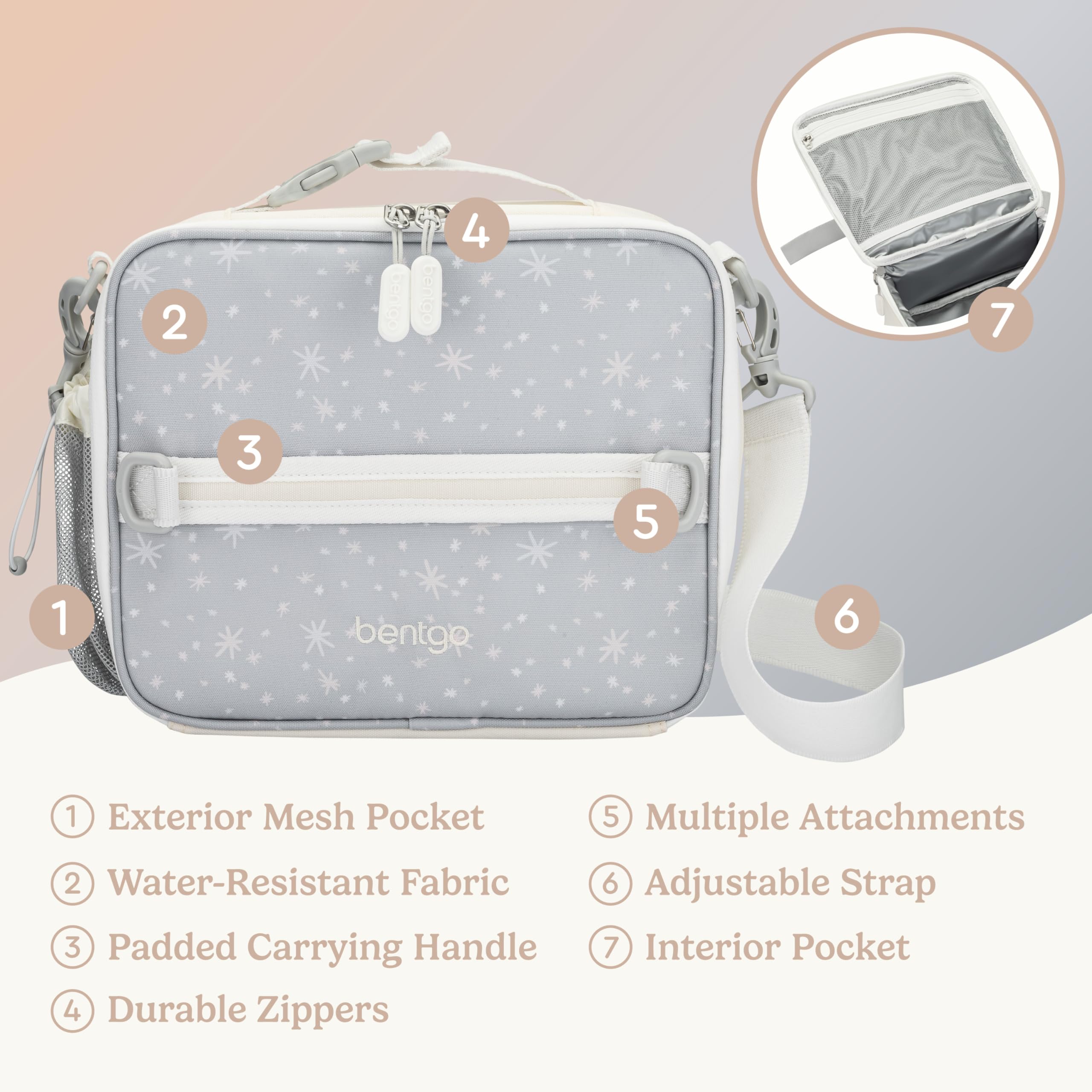 Bentgo adjustable strap and buckle handle clipped to backpack for hands-free travel