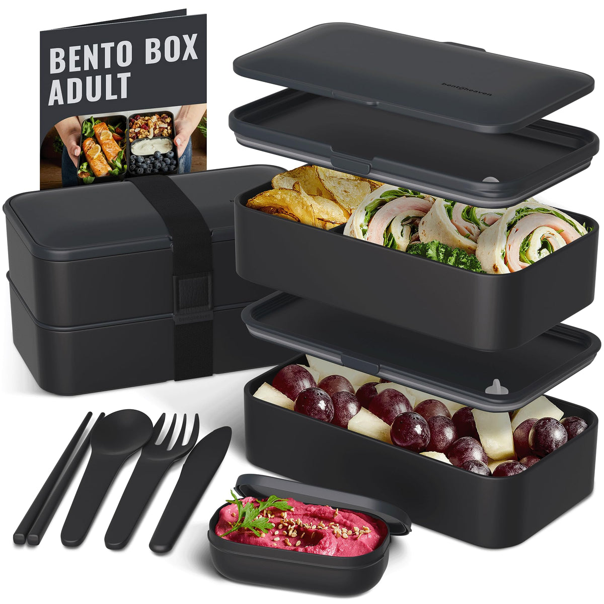Bentoheaven bento box front view shows sleek wood-grain lid and compact profile
