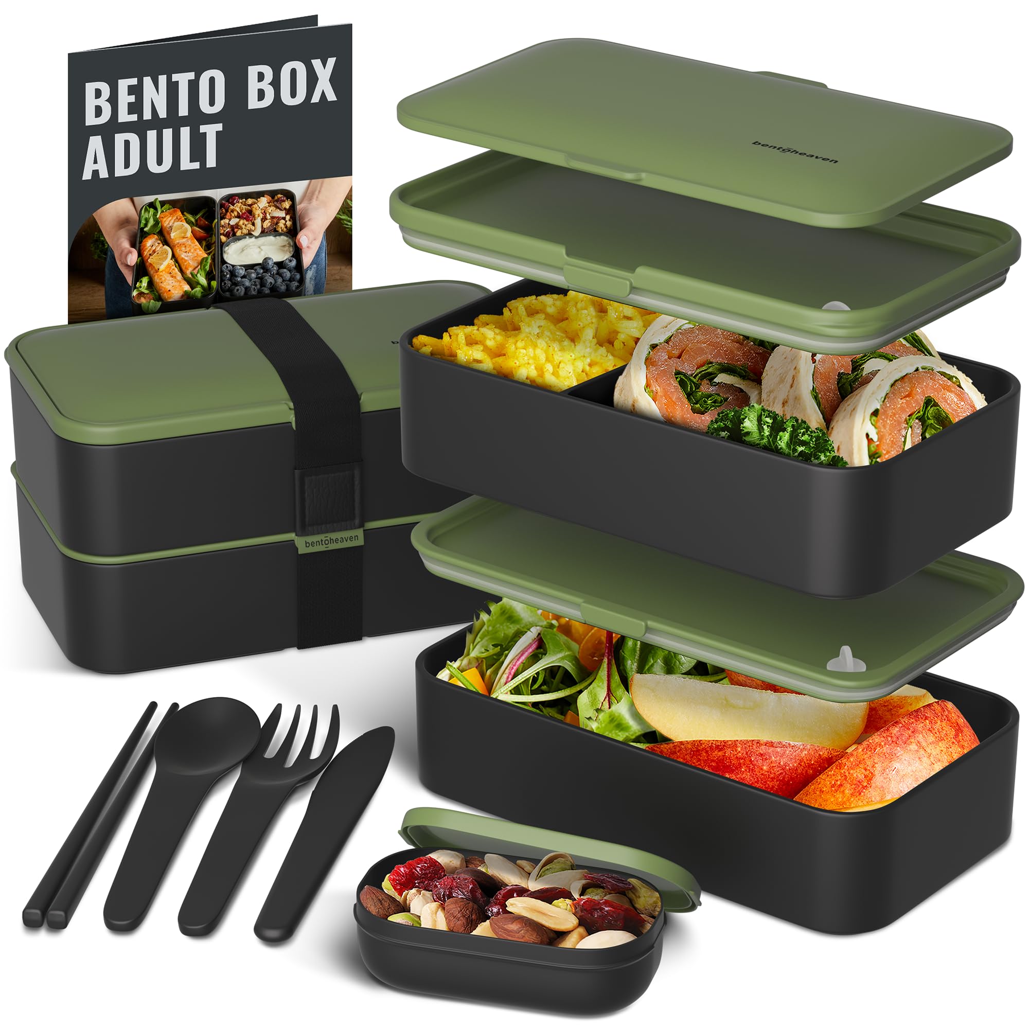 Bentoheaven front packaging showing olive garden wood-grain lid and compact design benefits