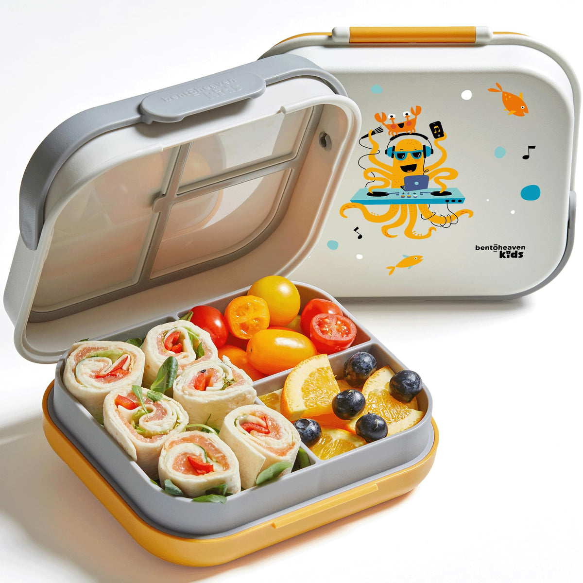 Bentoheaven front view showing orange gray lunch box and secure lid, promoting organized meals
