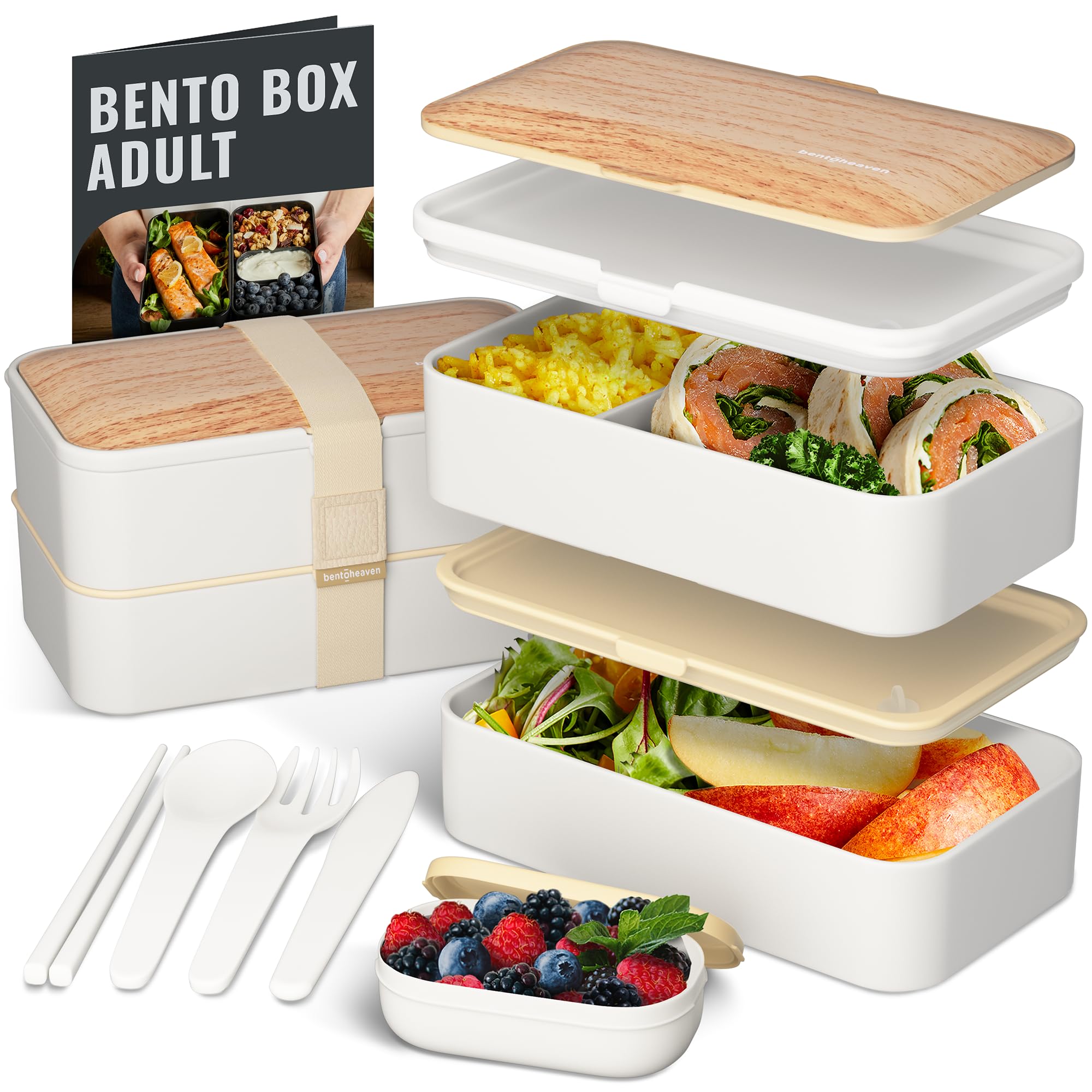Bentoheaven front view closed showing compact, stylish wood-grain lid and secure strap