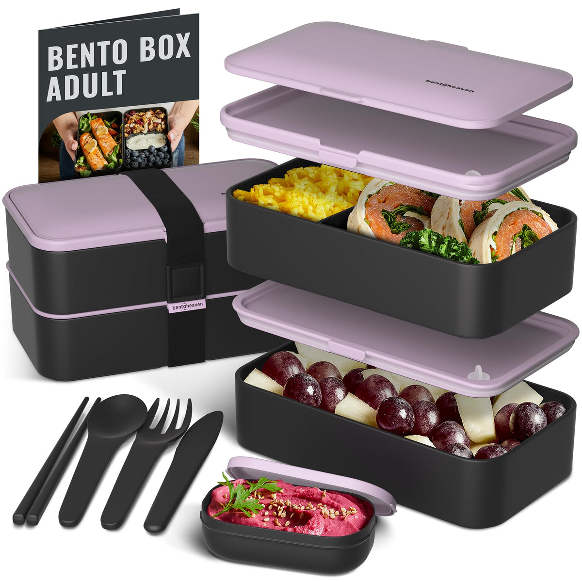 Bentoheaven front view showing violet me go color and neat compartments benefit portability