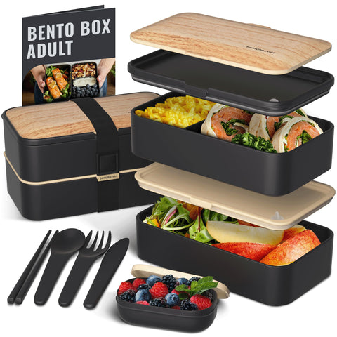 Bentoheaven Symph Onyx front view showing stackable tiers and wood-grain lid for polished storage