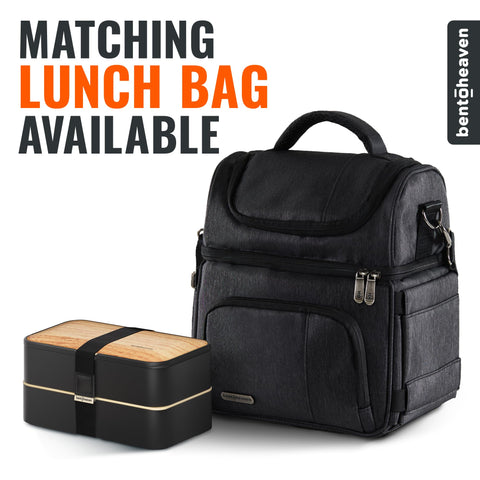 Bentoheaven Symph Onyx on a work desk with lunch to show stylish, practical everyday use