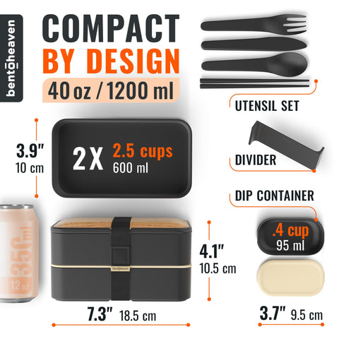Bentoheaven Symph Onyx opened to show two 20 oz containers for separated meal packing