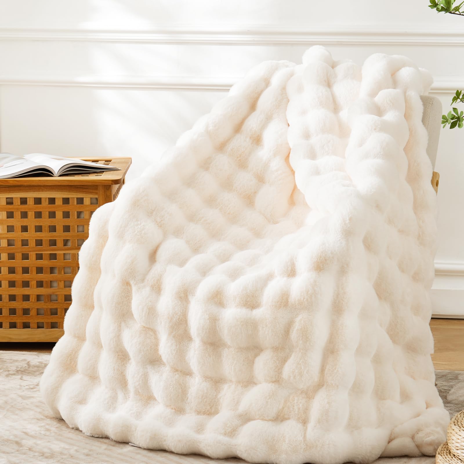 BENVWE throw front view showing cream-white bubble texture and cozy appeal