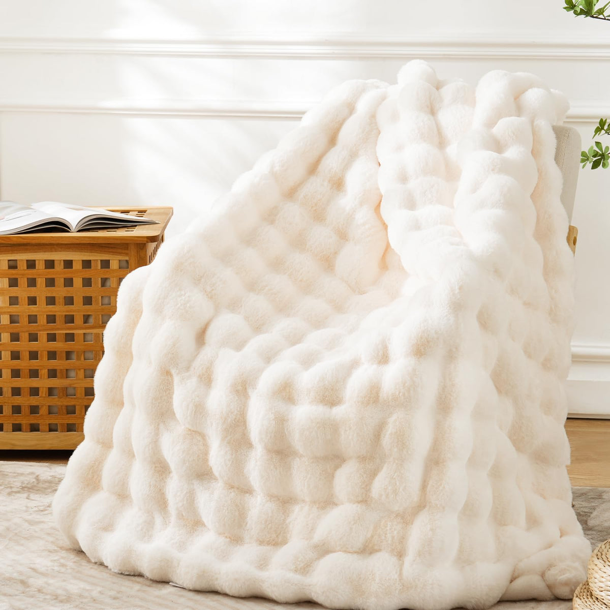 BENVWE throw front view showing cream-white bubble texture and cozy appeal