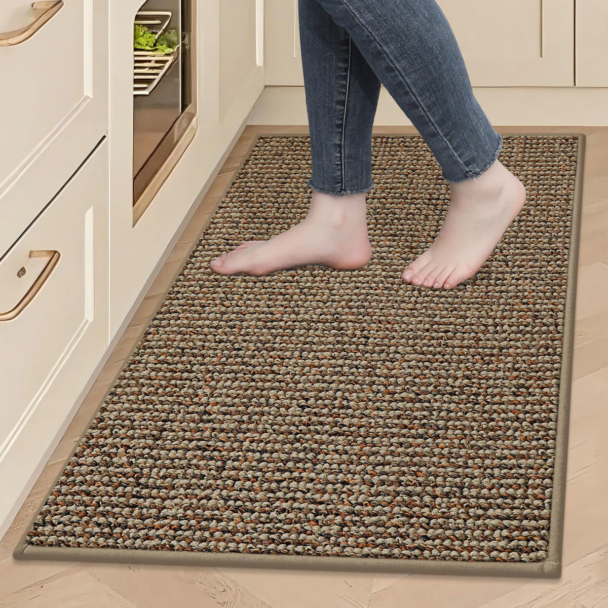 BEQHAUSE front view of taupe 24x36 rug shows neutral styling and protection