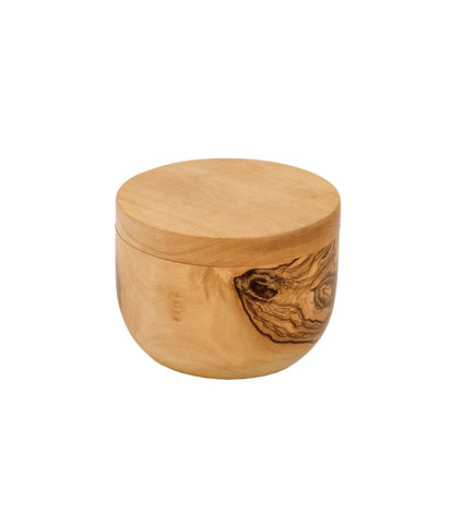 Berard salt keeper next to a teaspoon showing 4 inch scale and practical kitchen footprint