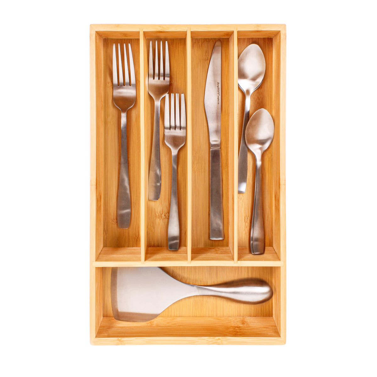 Berghoff flatware organizer front view showing five compartments for neat storage