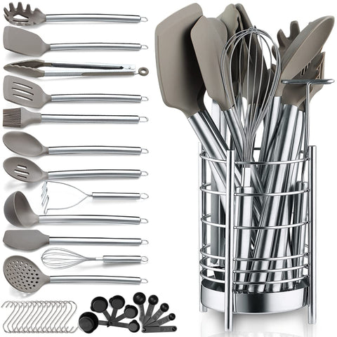 Berglander front view of 38-piece set and stainless-steel holder for organized storage