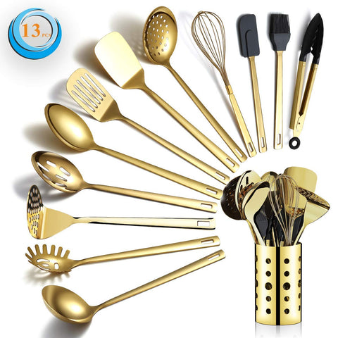 Berglander front view of full 13-piece gold utensil set for elegant kitchen storage
