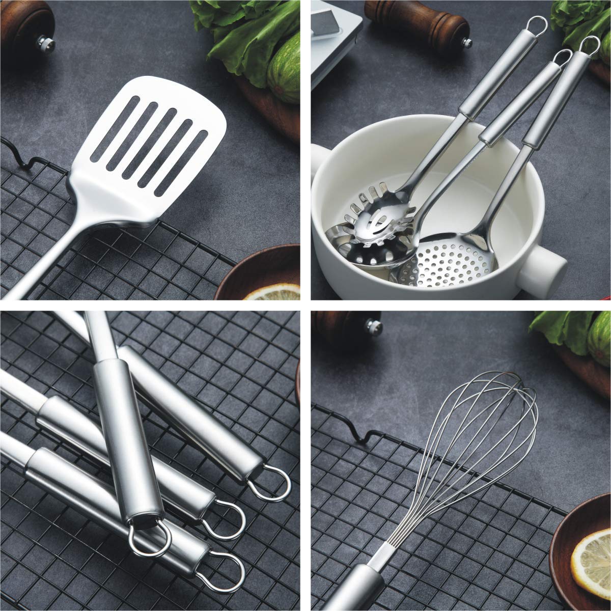 Berglander utensils beside a cutting board and spoon for size and scale context