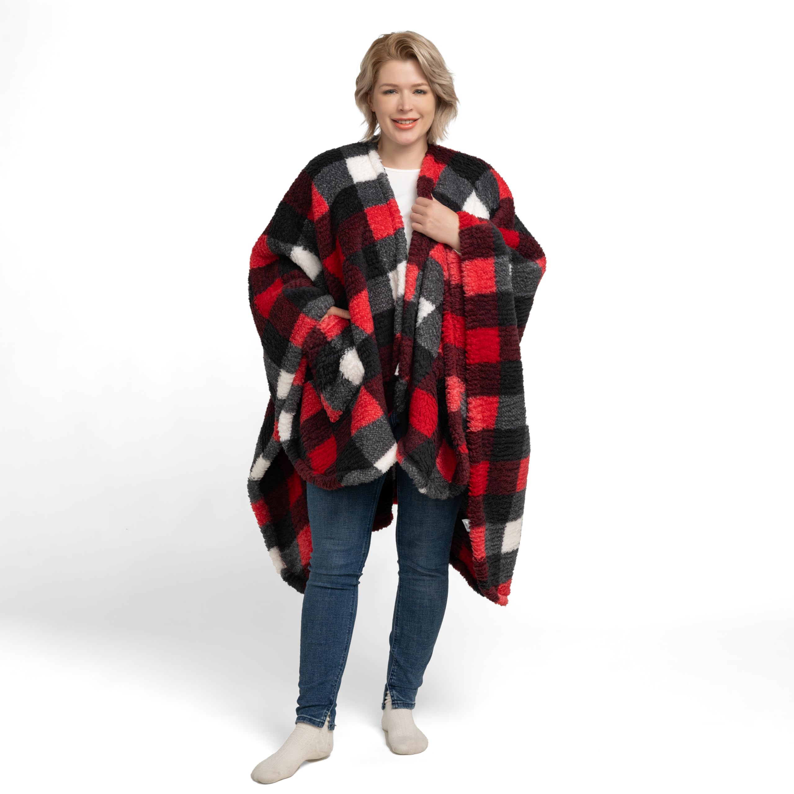 Berkshire Blanket front view showing red buffalo plaid and roomy fit for comfort