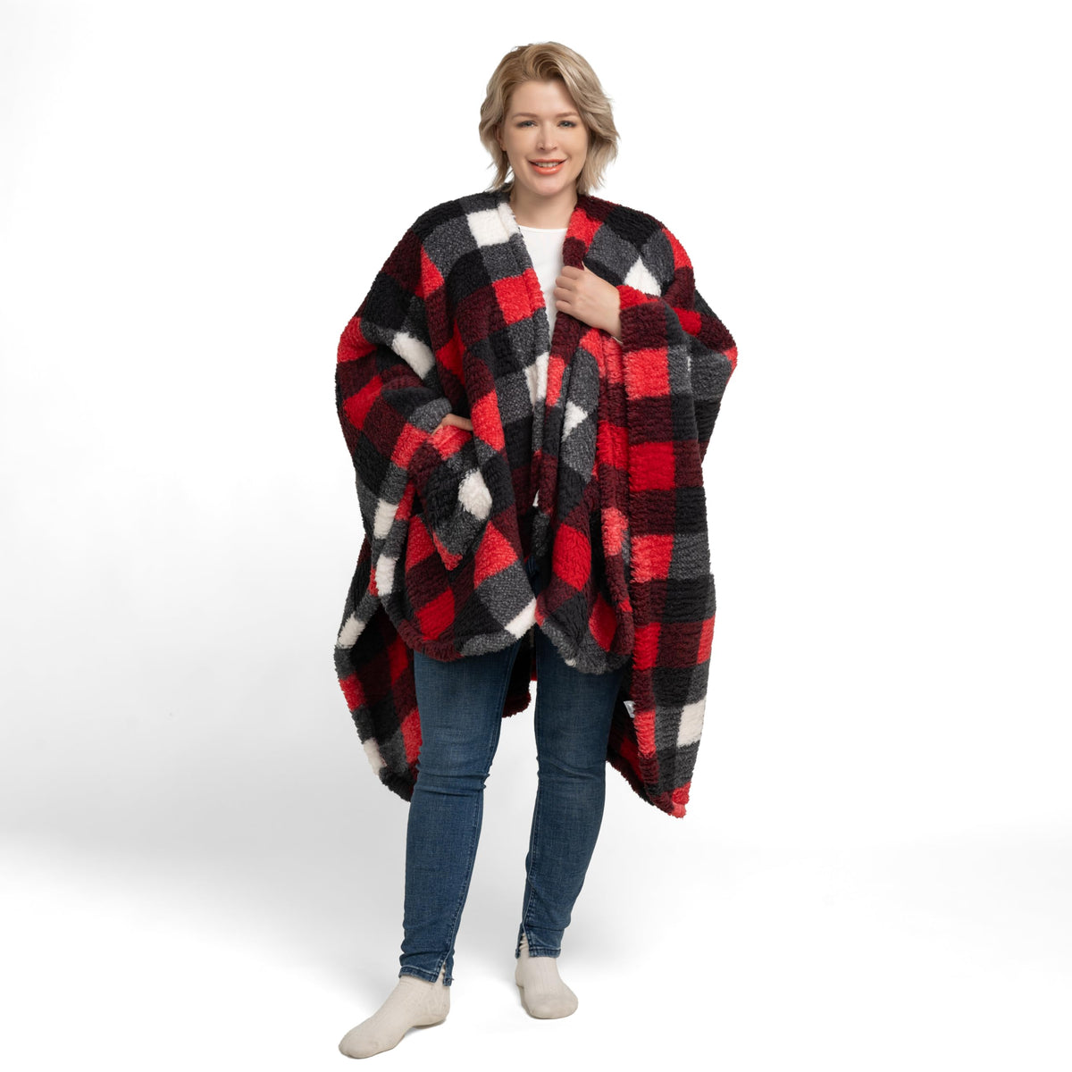 Berkshire Blanket front view showing red buffalo plaid and roomy fit for comfort