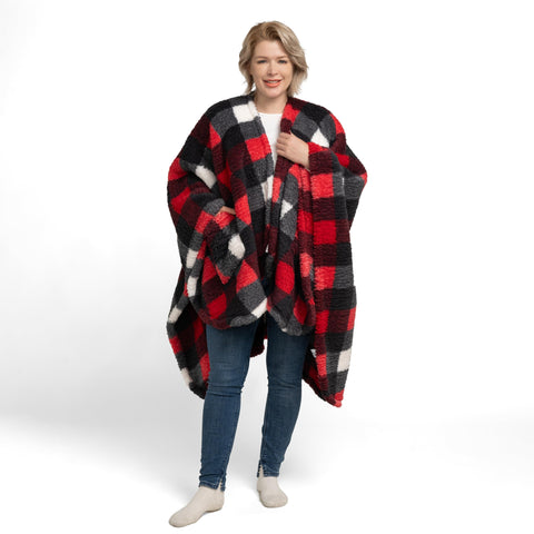 Berkshire Blanket front view showing red buffalo plaid and roomy fit for comfort