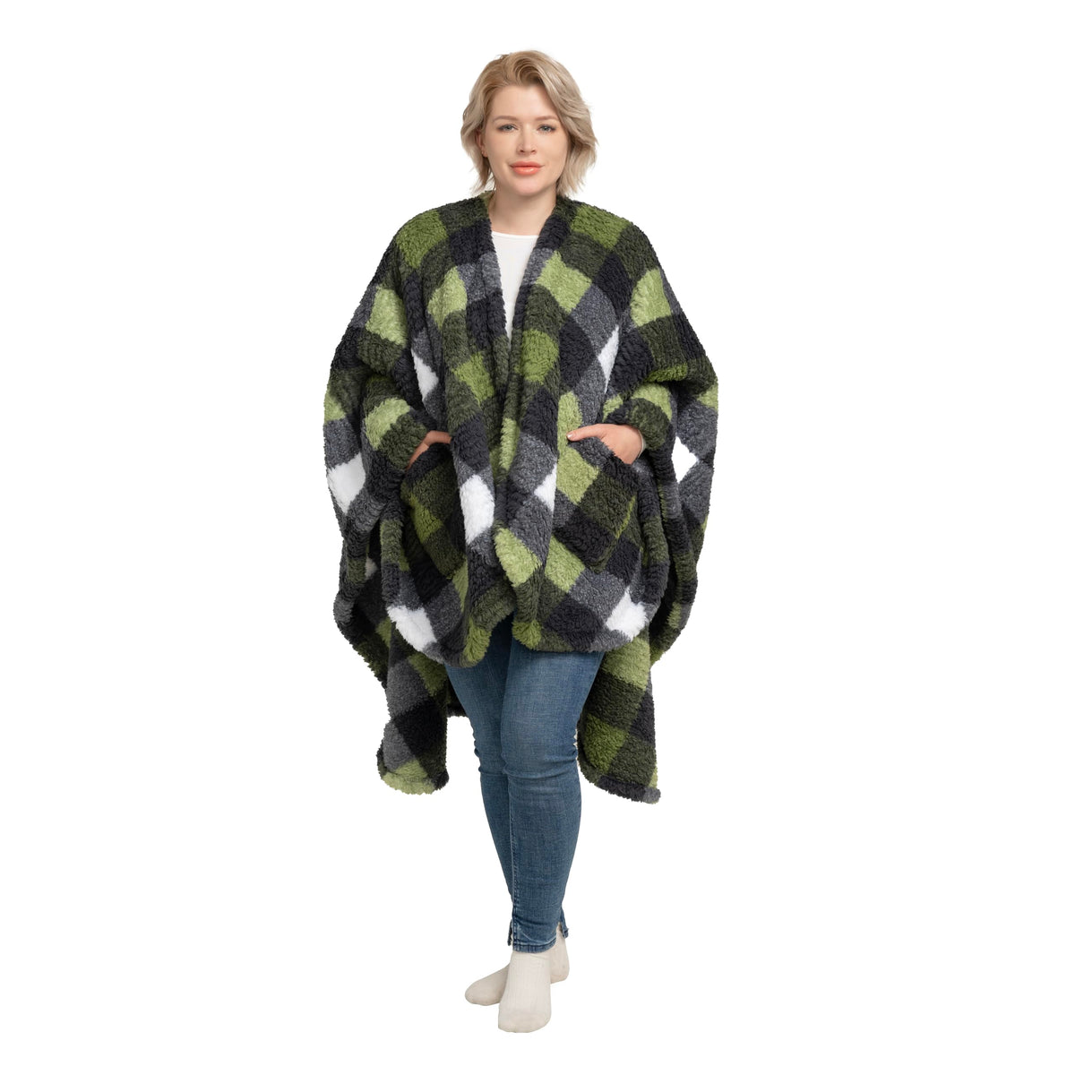 Berkshire Blanket front view showing buffalo plaid and cozy wrap benefit