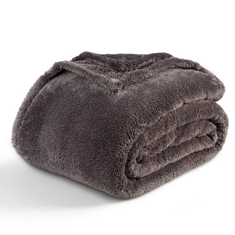 Berkshire Blanket front view showing shadow grey queen blanket and neat drape