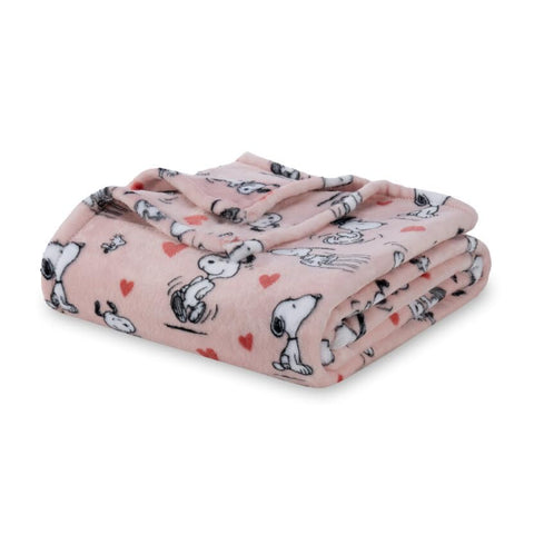 Berkshire Blanket Snoopy front view showing blush design and packaging benefit of clear branding