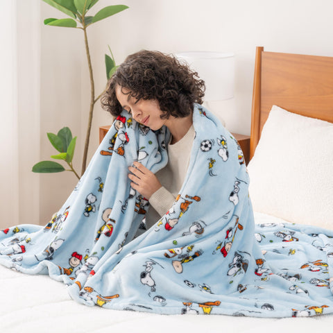 Berkshire Blanket Snoopy full flat lay displays artwork, size, and plush texture