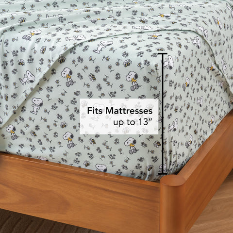 Berkshire Peanuts pillowcase close-up showing stitching and soft feel for sleep comfort