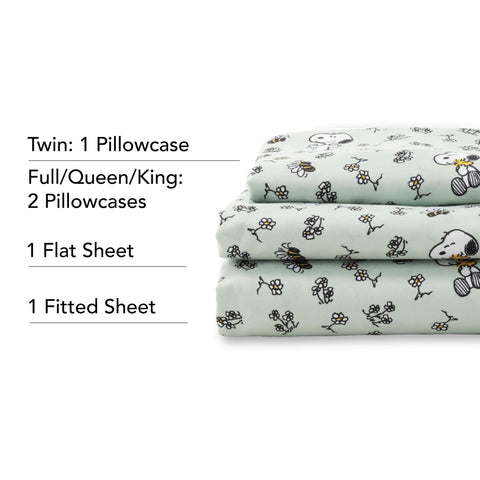 Berkshire Peanuts sheet set on queen mattress showing scale and full bed coverage