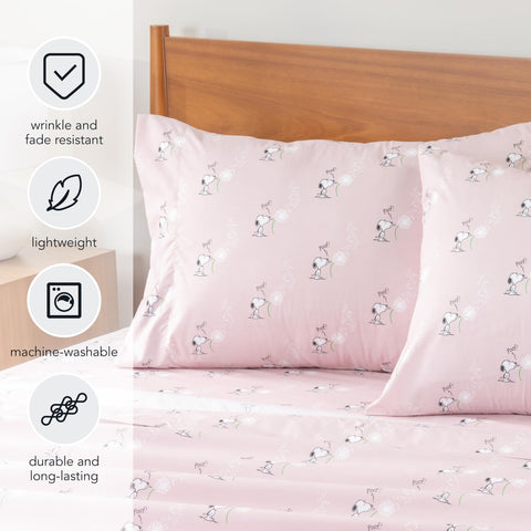 Berkshire Peanuts sheet set in washing machine frame showing easy-care instructions