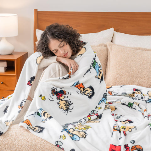 Berkshire Blanket striped Peanuts pattern detail highlighting vibrant, durable design