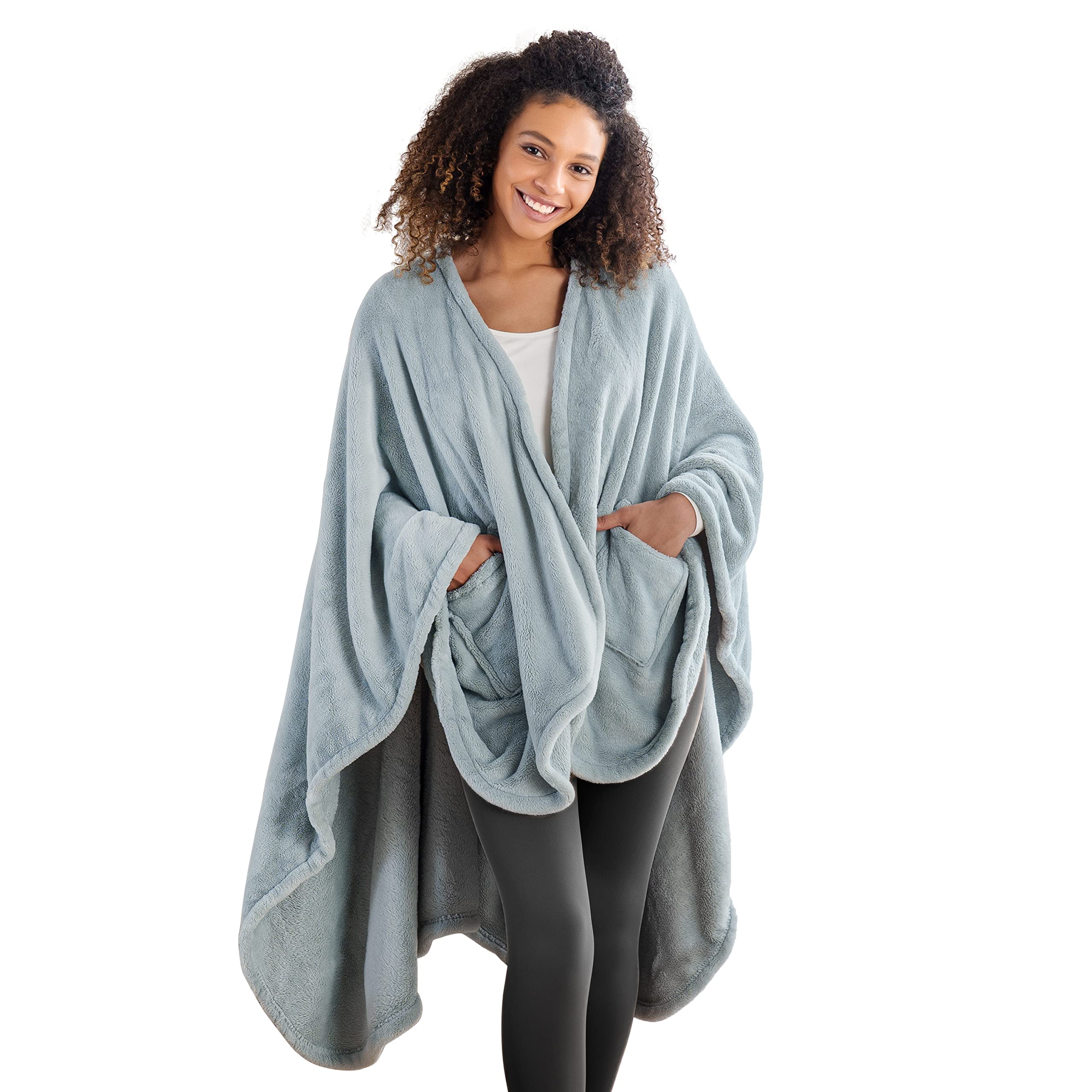 Berkshire Blanket front view in hazy sky blue showing cape wrap and cozy fit