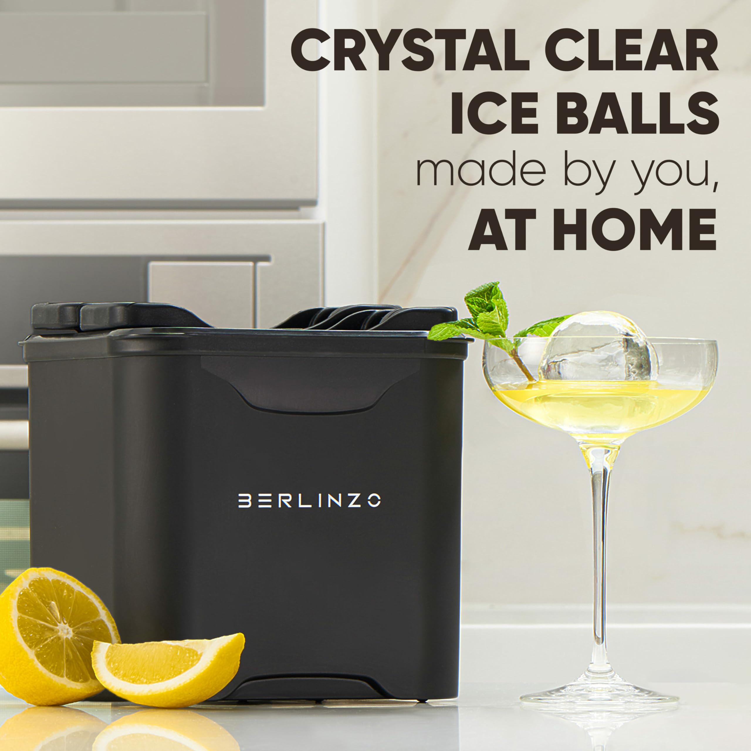 BERLINZO ice spheres in a home bar cocktail setup for hosting and presentation