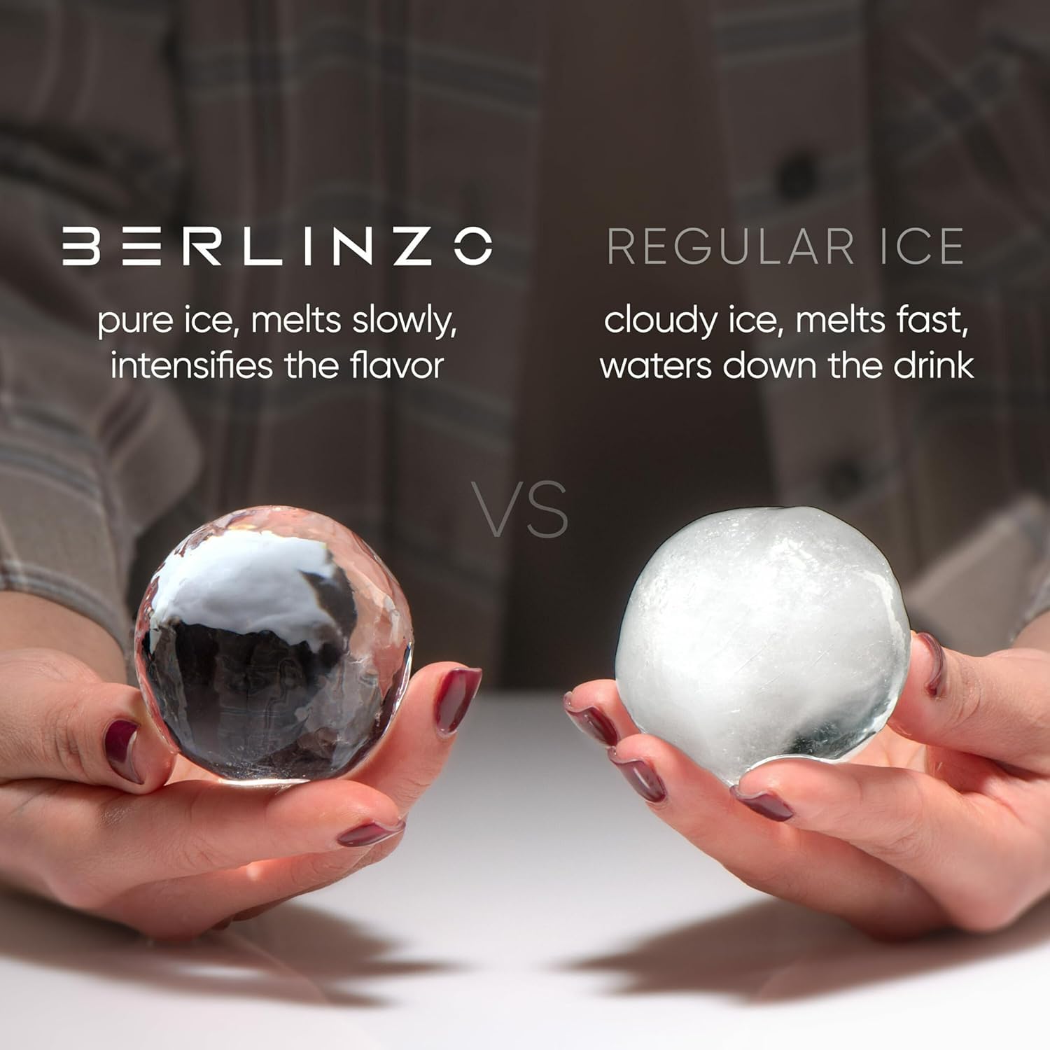 BERLINZO close-up of a clear 2.4-inch ice sphere highlighting optical clarity