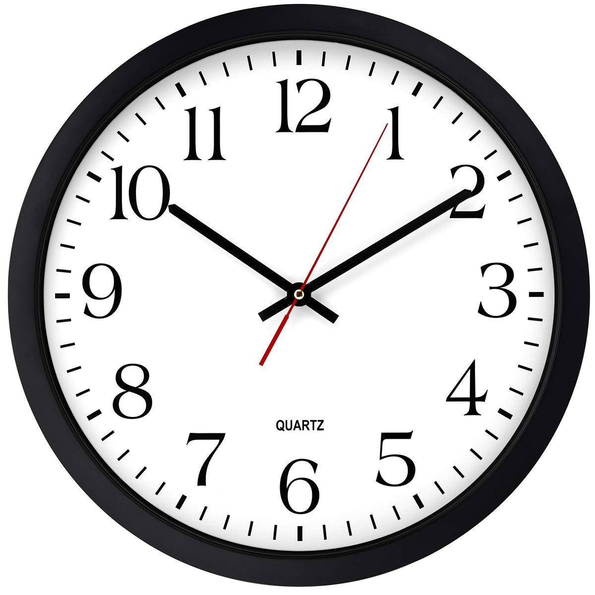 Bernhard Products front view of 16 inch black wall clock showing easy-read numbers and white face
