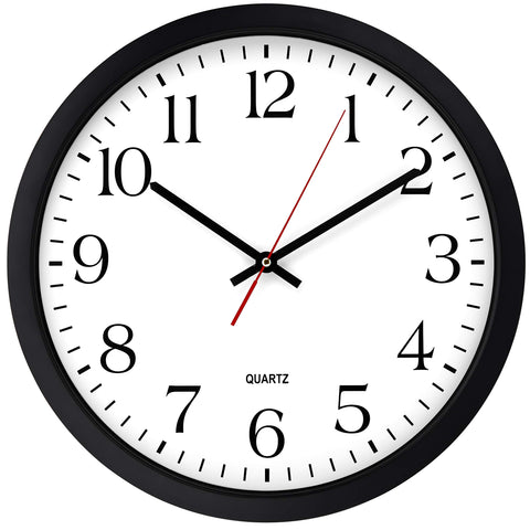 Bernhard Products front view of 16 inch black wall clock showing easy-read numbers and white face