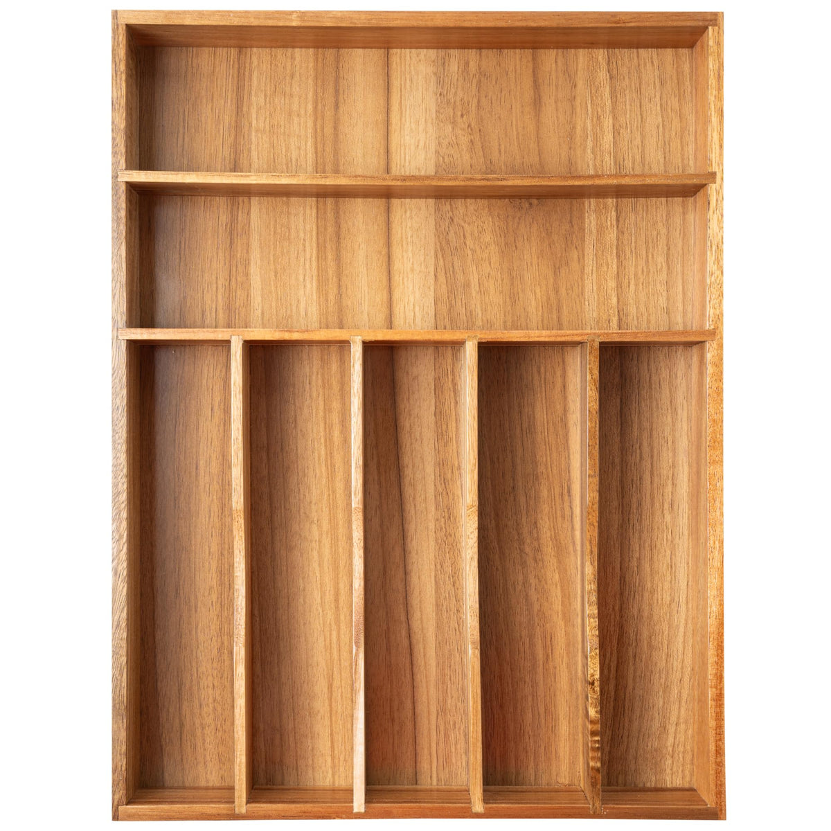 Besilord front view of acacia organizer showing neat compartments and quick access