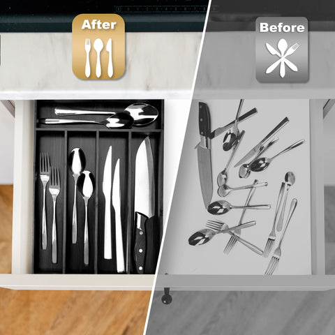 Besilord bamboo tray filled with utensils showing easy access and organized drawers benefit