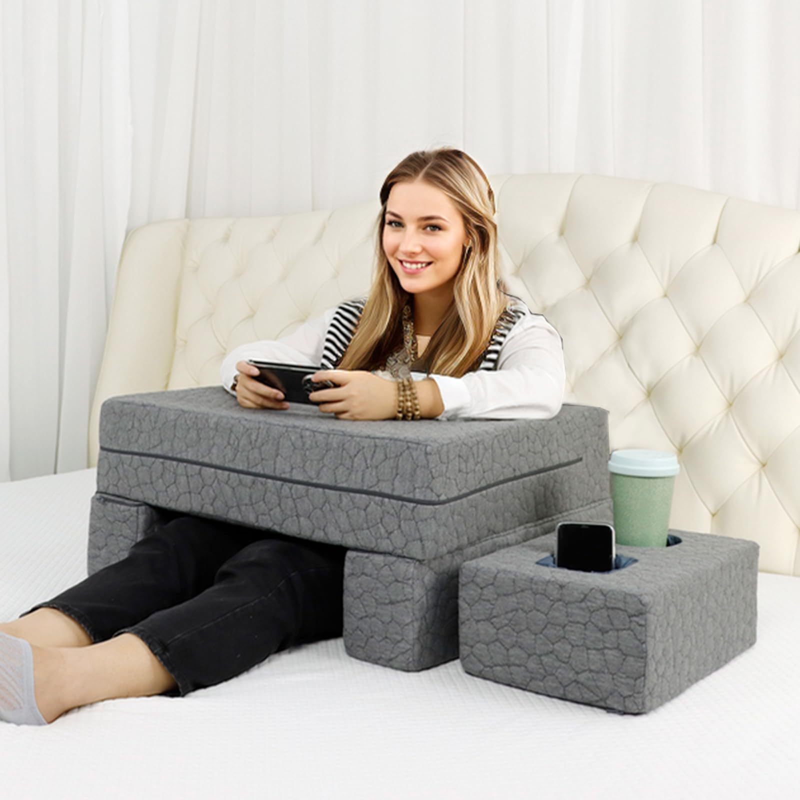Bespilow front view of extra large lap desk pillow showing ergonomic arm rests benefit